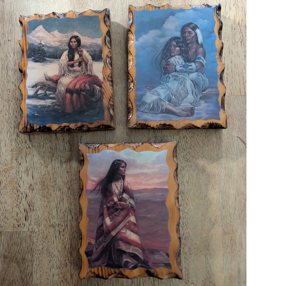 Vintage Vel Miller Native American Wood Wall Art Plaques Set of 3 1970s Western